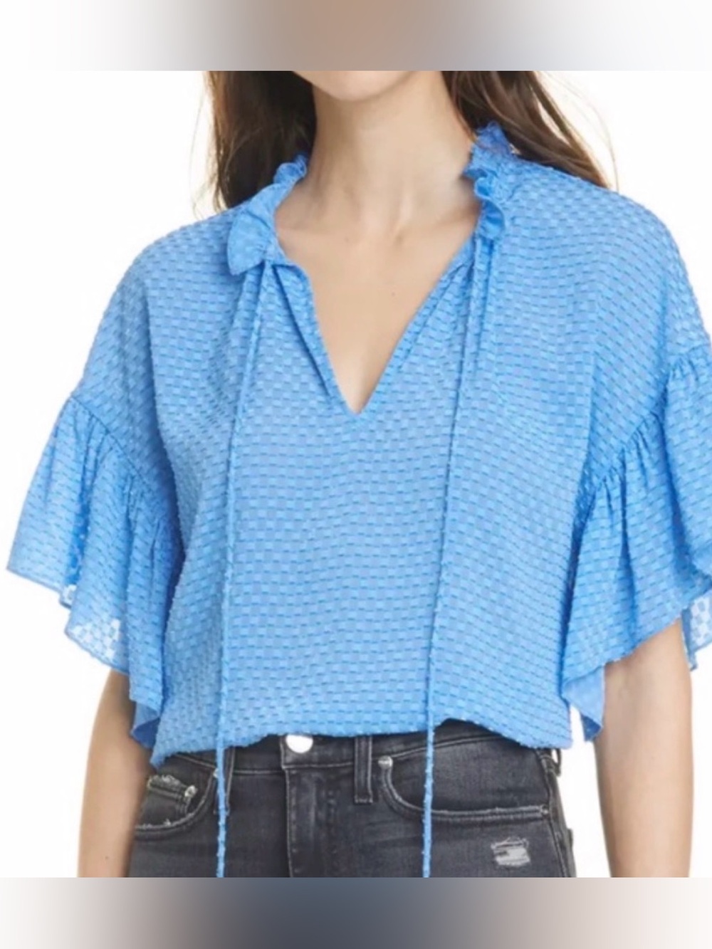 ALICE & OLIVIA sheer blue flutter sleeve blouse